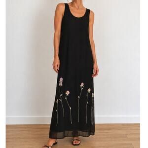 Vtg 90s Tabloid Black Floral Embroidered Midi Maxi Dress Whimsigoth Fall Small